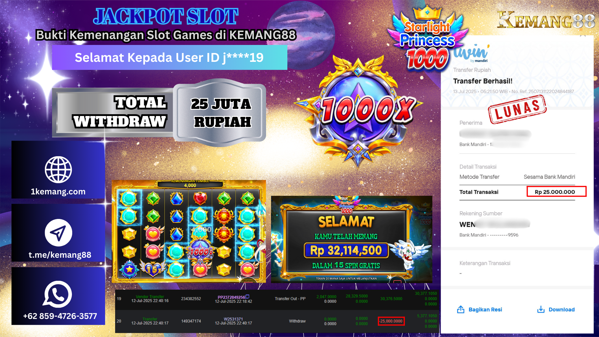 KEMANG88 [13 JULY 2025] : JACKPOT SLOT :  SLOT88 STARLIGHT PRINCESS 1000 [PP]  Rp.25.000.000.,- LUNAS
